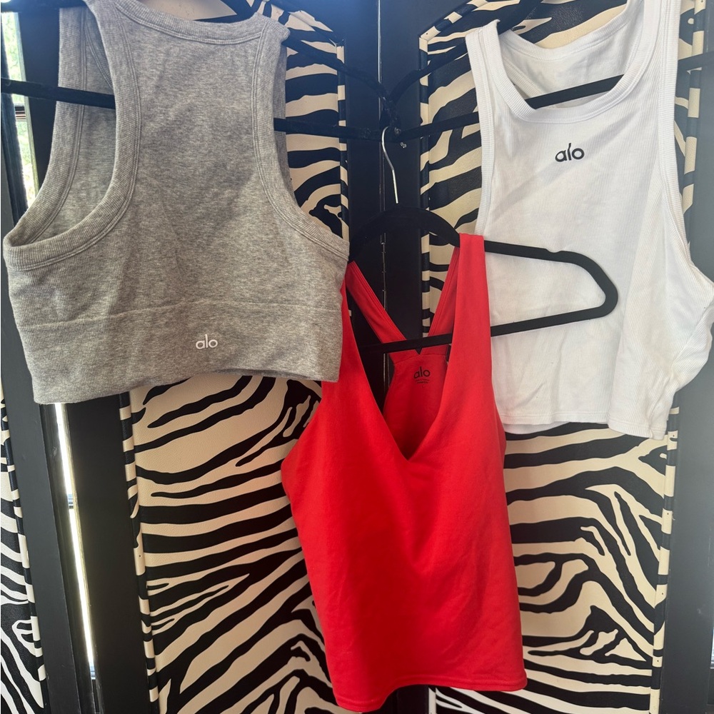 ALO Yoga Gray, White, and Red Crop Tops